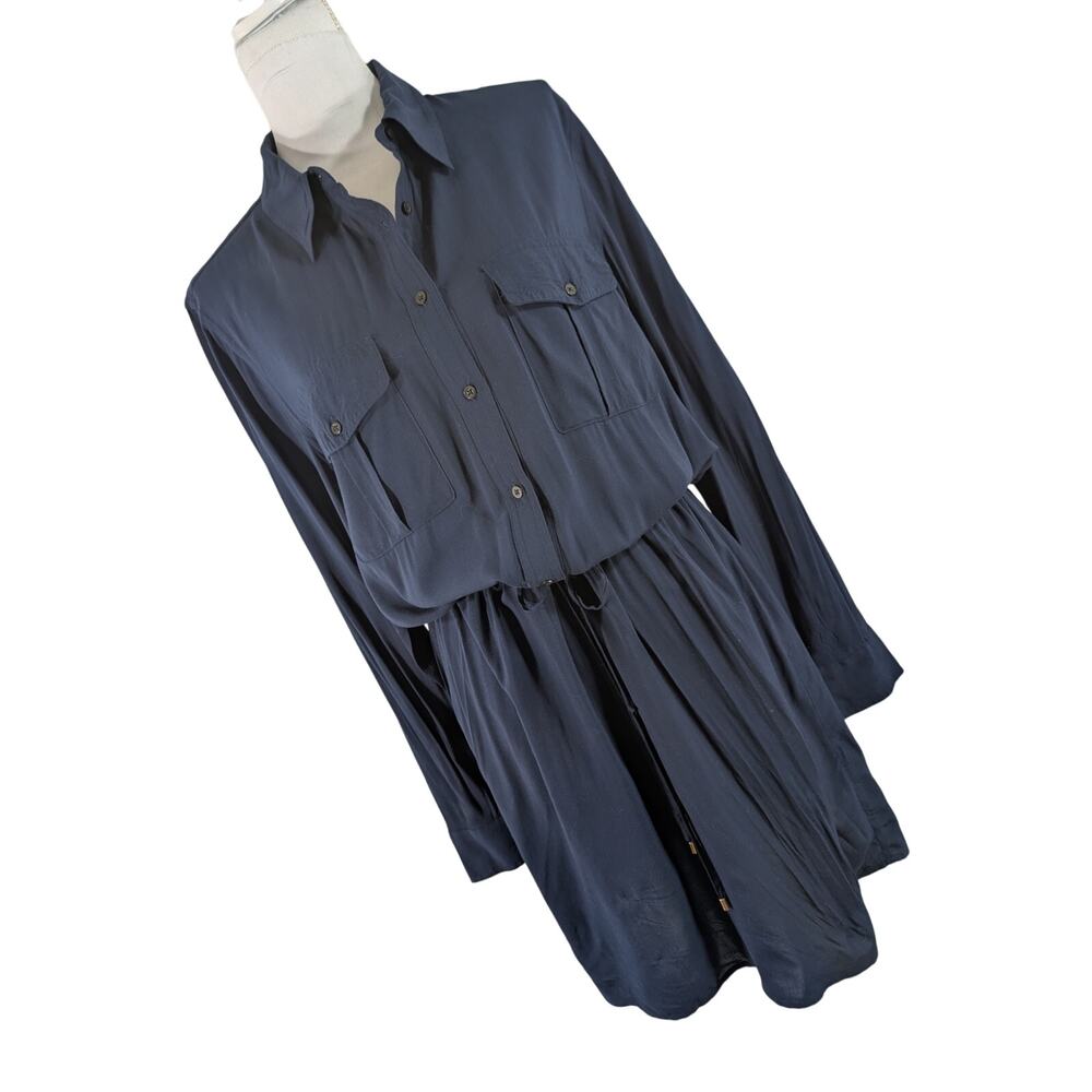 LAUREN BY RALPH LAUREN! NAVY BLUE DRAPEY DRAWSTRING WAIST, LONG SLEEVE DRESS! 14